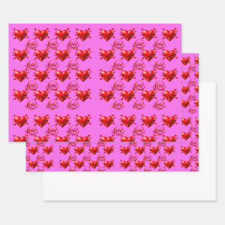 光沢のある赤いハートとLoveの文字 ロマンティックピンク包装紙 ラッピングペーパーシート