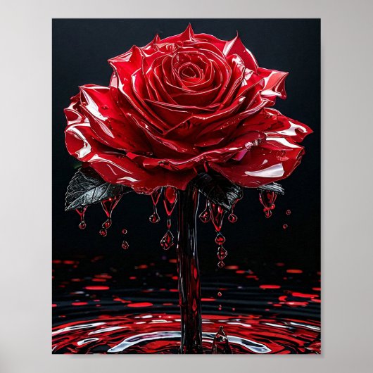光沢のある赤いバラと露の雫 ロマンティック 🌹💧✨❤️🌿 ポスター (正面)