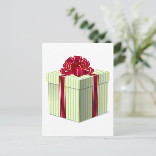 光沢のある赤いリボンの付いたストライプのギフト ポストカード (スタンド正面)