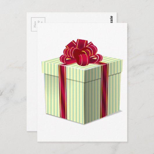 光沢のある赤いリボンの付いたストライプのギフト ポストカード (正面/裏面)