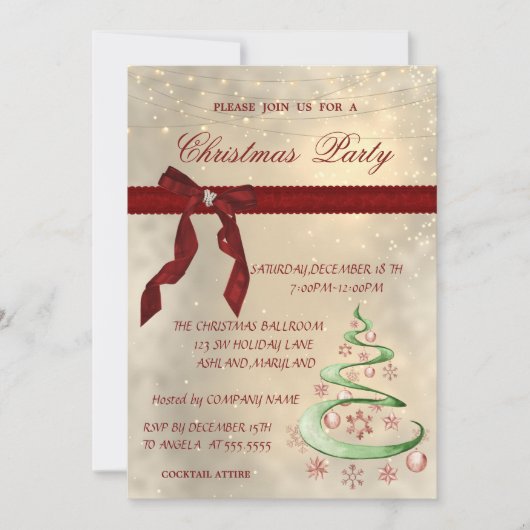 光沢のある赤いリボン、木、ボール 企業のクリスマスパーティー 招待状 (正面)