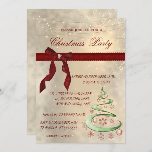 光沢のある赤いリボン、木、ボール　企業のクリスマスパーティー 招待状 (正面/裏面)
