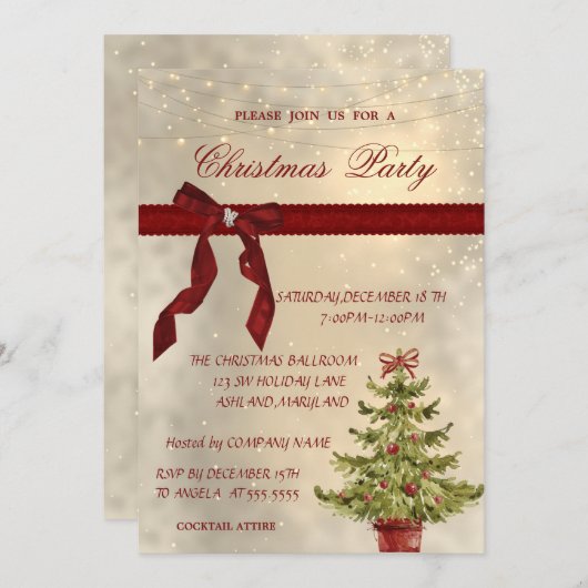光沢のある赤い弓、ツリー企業のクリスマスパーティー 招待状 (正面/裏面)