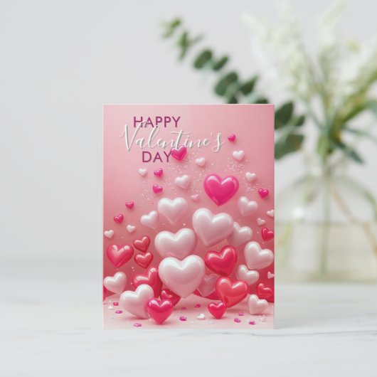 光沢のある赤とピンクの愛ハートバレンタインデー ポストカード (スタンド正面)