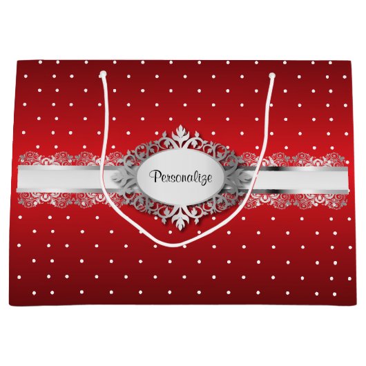 光沢のある赤と白水玉模様 ラージペーパーバッグ (正面)