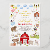 光沢のある農園動物納屋周囲の庭誕生日パーティー 箔招待状 (正面)