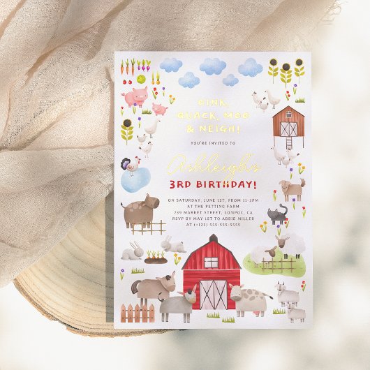 光沢のある農園動物納屋周囲の庭誕生日パーティー 箔招待状
