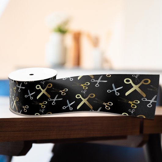 光沢のある金ゴールドとシルバーシザーパターンのヘアスタイリスト グログランリボン