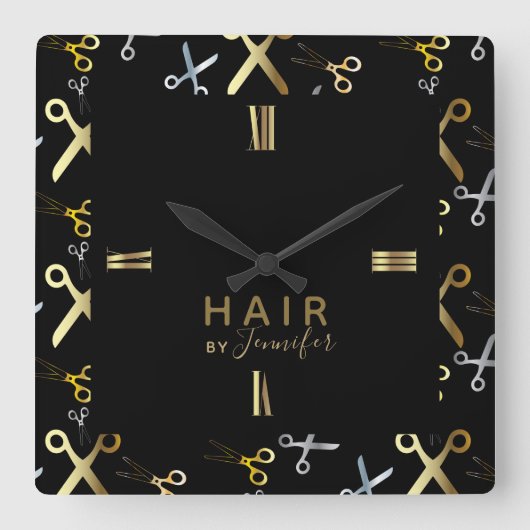 光沢のある金ゴールドとシルバーシザーパターンのヘアスタイリスト スクエア壁時計 (正面)