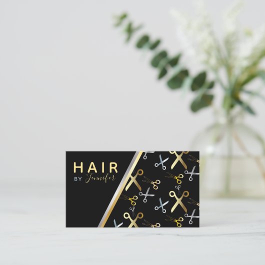 光沢のある金ゴールドとシルバーシザーパターンのヘアスタイリスト 名刺 (スタンド正面)