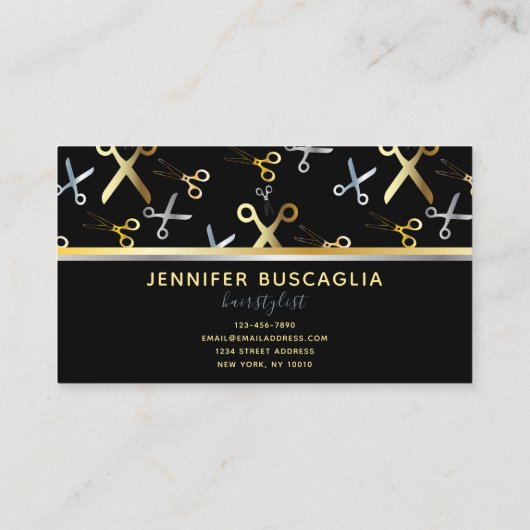 光沢のある金ゴールドとシルバーシザーパターンのヘアスタイリスト 名刺 (裏面)