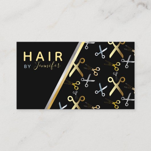 光沢のある金ゴールドとシルバーシザーパターンのヘアスタイリスト 名刺 (正面)