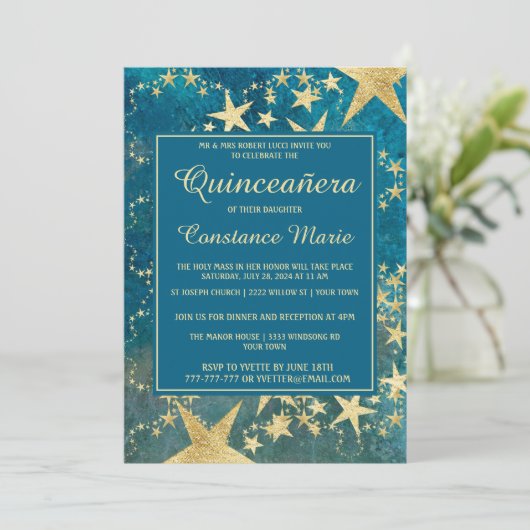 光沢のある金ゴールドとブルーキンセアニェラ招待状 招待状 (スタンド正面)