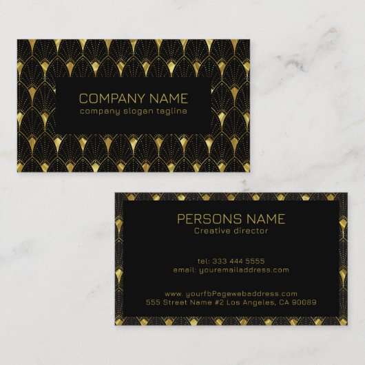 光沢のある金ゴールドと黒いアールデコパターン 名刺 (正面/裏面)