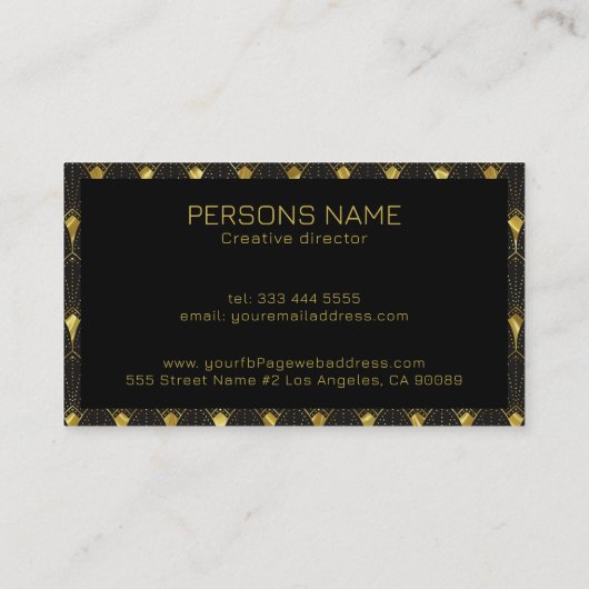 光沢のある金ゴールドと黒いアールデコパターン 名刺 (裏面)