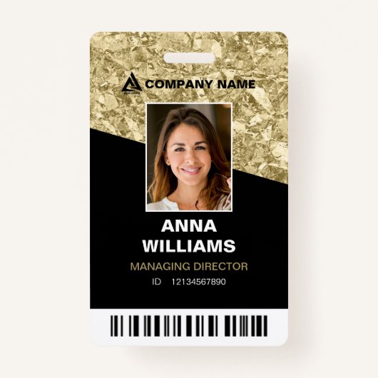 光沢のある金ゴールドと黒い従業員名ID バッジ (正面)