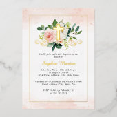 光沢のある金ゴールドクロスかわいらしフローラ洗礼 箔招待状 (正面)