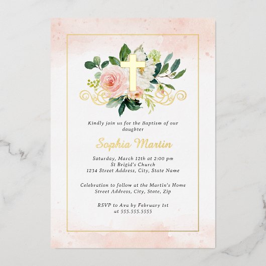 光沢のある金ゴールドクロスかわいらしフローラ洗礼 箔招待状 (正面)