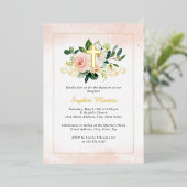 光沢のある金ゴールドクロスかわいらしフローラ洗礼 箔招待状 (立ち正面)