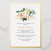 光沢のある金ゴールドクロスピンクフローラバプテスマ 箔招待状 (正面)