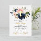 光沢のある金ゴールドクロスフローラガールピンク海軍バプテスマ 箔招待状 (立ち正面)