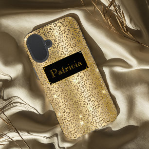 光沢のある金ゴールドグラマラスなレパードグリッタープリント iPhone 16 PLUSケース