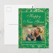 光沢のある金ゴールドグリッター新年フォトグリーン ポストカード (正面/裏面)