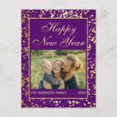 光沢のある金ゴールドグリッター新年フォトパープル ポストカード (正面)