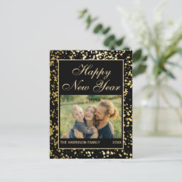 光沢のある金ゴールドグリッター新年フォトブラック ポストカード
