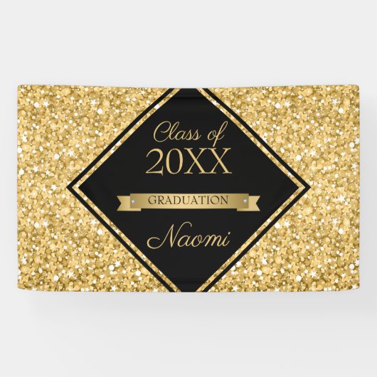 光沢のある金ゴールドグリッター黒いフレーム 横断幕 (横)