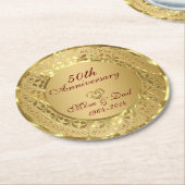 光沢のある金ゴールドダマスク結婚50周年 ラウンドペーパーコースター (アングル)