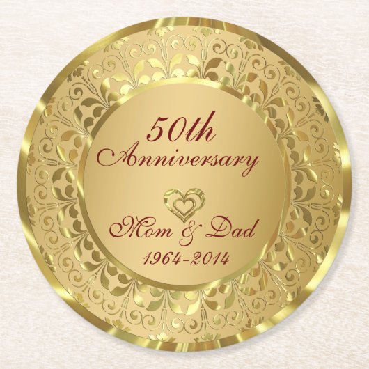 光沢のある金ゴールドダマスク結婚50周年 ラウンドペーパーコースター (正面)