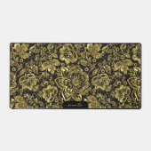 光沢のある金ゴールドフローラが黒いモノグラムカスタムにダマスク デスクマット (正面)