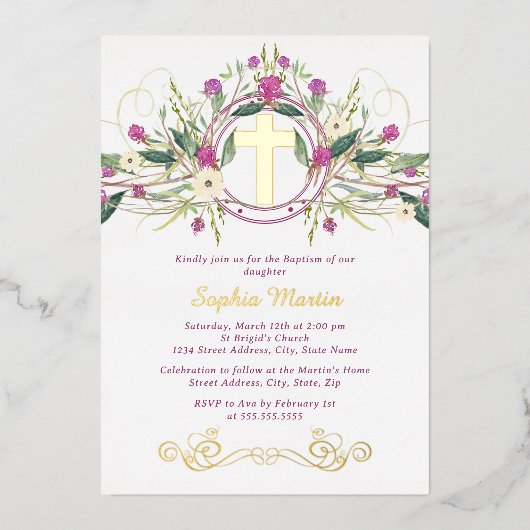 光沢のある金ゴールドフローラクロス洗礼 箔招待状 (正面)