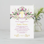 光沢のある金ゴールドフローラクロス洗礼 箔招待状 (立ち正面)