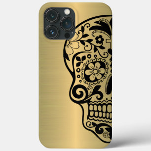 光沢のある金ゴールド上の砂糖スカルフェイクシルエット iPhone 13 PRO MAXケース