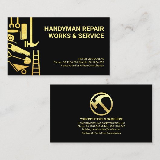 光沢のある金ゴールド建築の手書きツール 名刺 (正面/裏面)