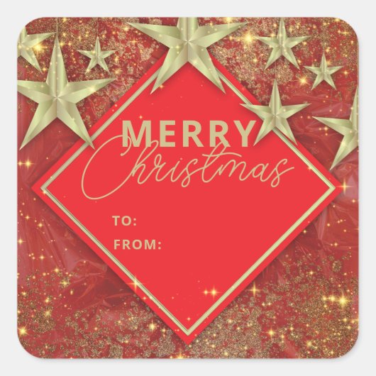 光沢のある金ゴールド星とライトレッドグリッタークリスマス スクエアシール (正面)