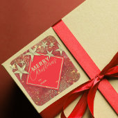 光沢のある金ゴールド星とライトレッドグリッタークリスマス スクエアシール