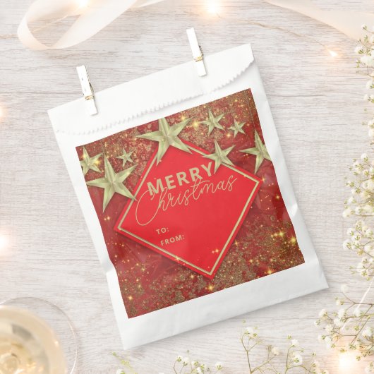 光沢のある金ゴールド星とライトレッドグリッタークリスマス フェイバーバッグ (クリップ留めされた状態)