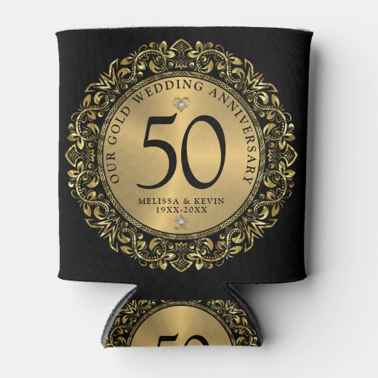 光沢のある金ゴールド渦巻き円枠結婚50番目 缶クーラー (正面)