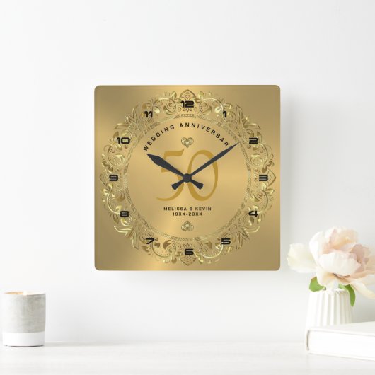 光沢のある金ゴールド渦巻き結婚円50秒 スクエア壁時計 (ホーム)