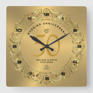 光沢のある金ゴールド渦巻き結婚円50秒 スクエア壁時計