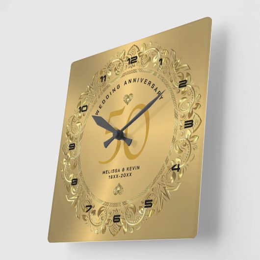 光沢のある金ゴールド渦巻き結婚円50秒 スクエア壁時計 (傾斜)
