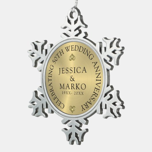 光沢のある金ゴールド背景結婚金ゴールドの記念日 スノーフレークピューターオーナメント (右)