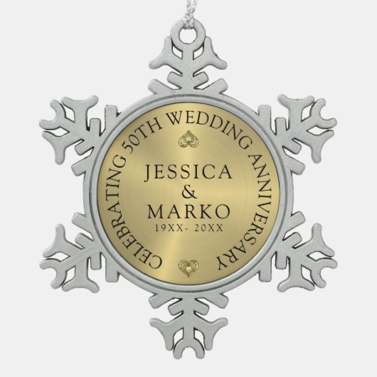 光沢のある金ゴールド背景結婚金ゴールドの記念日 スノーフレークピューターオーナメント (正面)