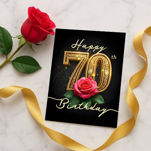 光沢のある金ゴールド70番目の誕生日バラスクリプト ポストカード