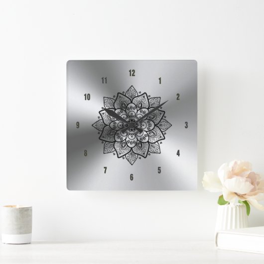光沢のある金属ステンレス鋼と黒の曼荼羅 スクエア壁時計 (ホーム)