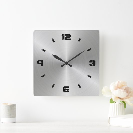 光沢のある金属テクスチャ、ねじ頭を持つ数字 スクエア壁時計 (ホーム)