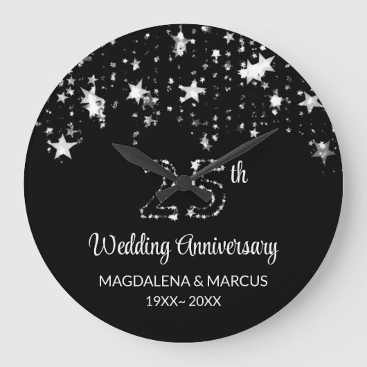 光沢のある銀の星と数 ラージ壁時計 (正面)